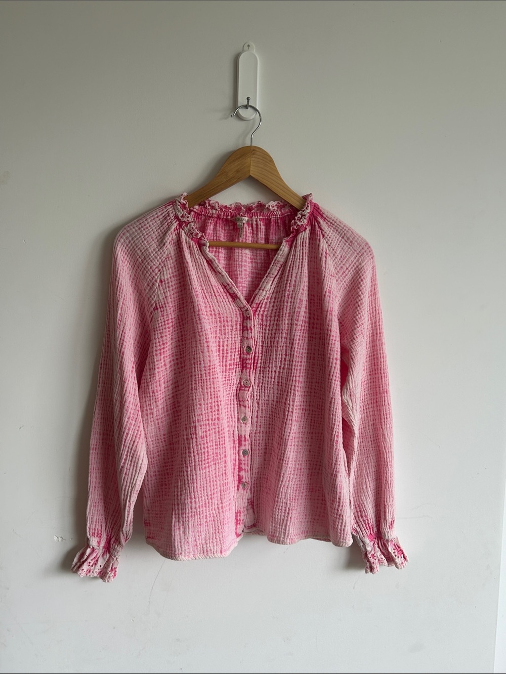 ESQUALO Pink Cotton Muslin Ruffled Button Front Blouse Size 4